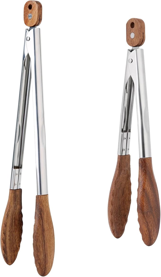 Tongs Set, Walnut Wood, 9 and 12 Inch, Stainless Steel Spring