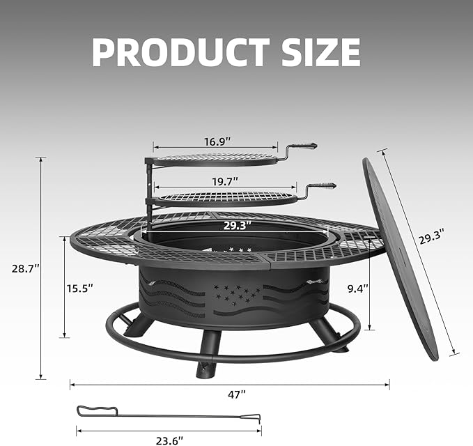 47 Inch Fire Pit with 2 Cooking Grates, Outdoor Wood Burning BBQ Grill Firepit - Image 5