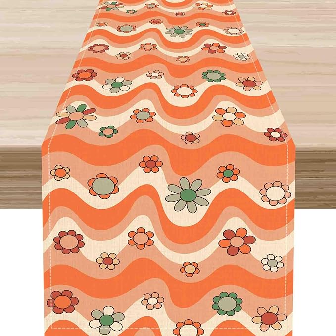 70s Table Runner, Retro Groovy Hippie Daisy Floral Orange Wave Funky Trippy by Unknown