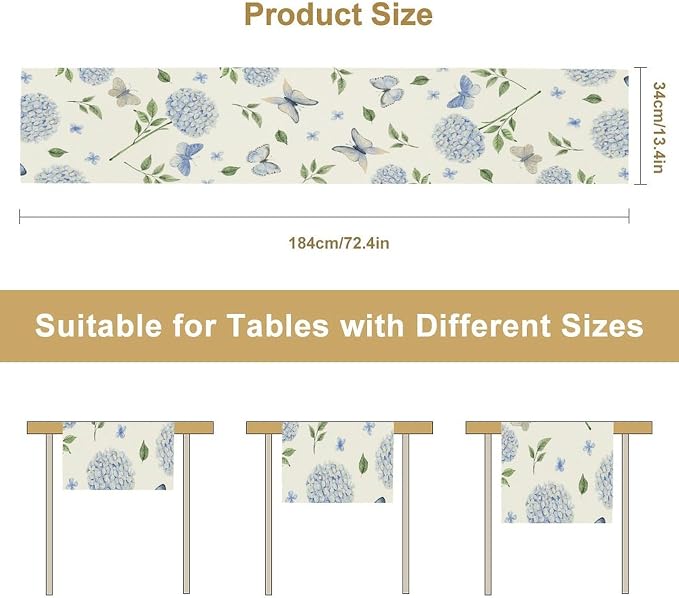 Spring Hydrangea Table Runner, Summer Moth Watercolor Sky Blue Butterfly - Image 8