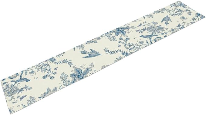 Spring Flower Table Runner, Farmhouse Vintage Blue White Floral Bird Print - Image 7