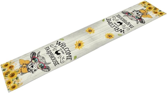Farmhouse Cow Table Runner, Rustic Yellow Sunflower Floral Buffalo Animals - Image 6