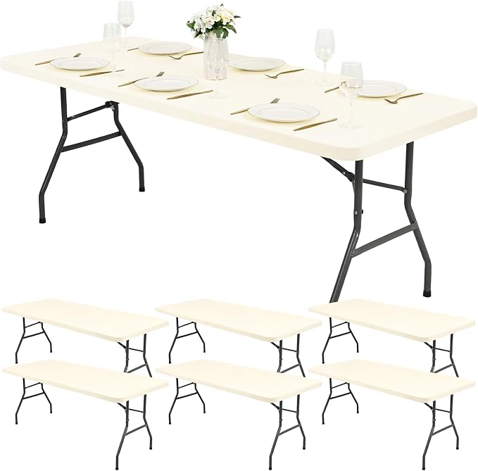 6 Pack Stretch Fabric Table Top Cap Cover, Ivory Table Covers fits 6Ft Tables by Pesonlook