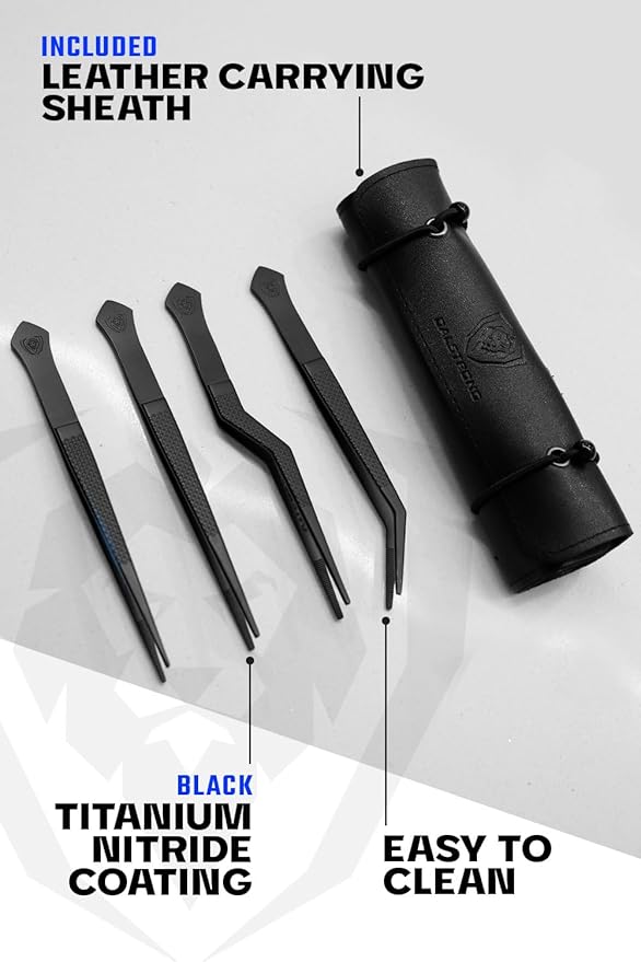 Tongs 4-Piece Black Stainless Steel Set with Leather Travel Sheath