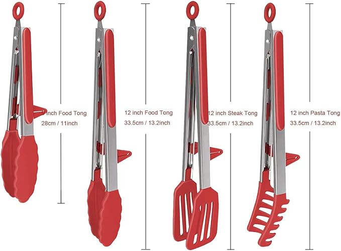 Tongs Set with Silicone Tips and Stainless Handles, Red 4-Piece Grilling Set