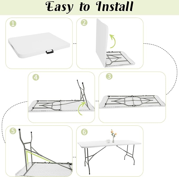 Fivenl 2 Pack 6 FT Folding Tables White Foldable Table, Fold-in-Half - Image 6