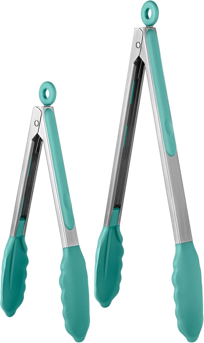 Tongs with Silicone Tips and Lock, 18/8 Stainless Steel, Aqua Sky