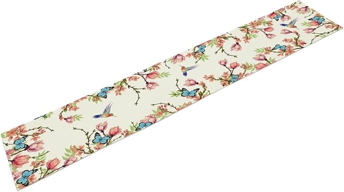 Spring Flower Table Runner, Seasonal Rustic Garden Flowers Bird Butterfly Print - Image 7