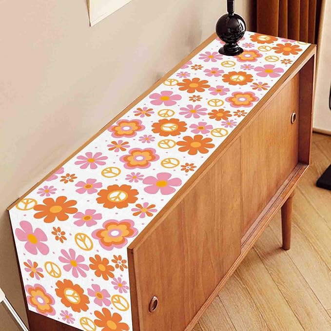 Groovy Floral Table Runner, Retro 70s Hippie Floral Funky Pink Cute Flower - Image 3