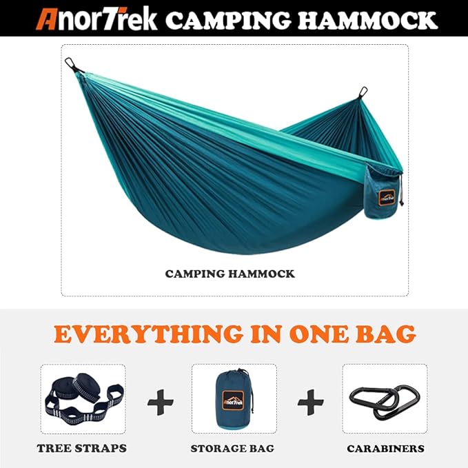 Camping Hammock, 210T Parachute Nylon, 500 lb Capacity, Blue