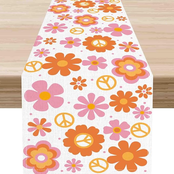 Groovy Floral Table Runner, Retro 70s Hippie Floral Funky Pink Cute Flower by Unknown