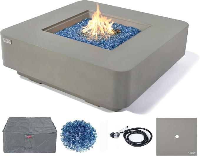 Elementi+ | Lucerne Gas Fire Pit Cast Concrete 42" Square Fire Table, Outdoor by AMSFireplaceInc