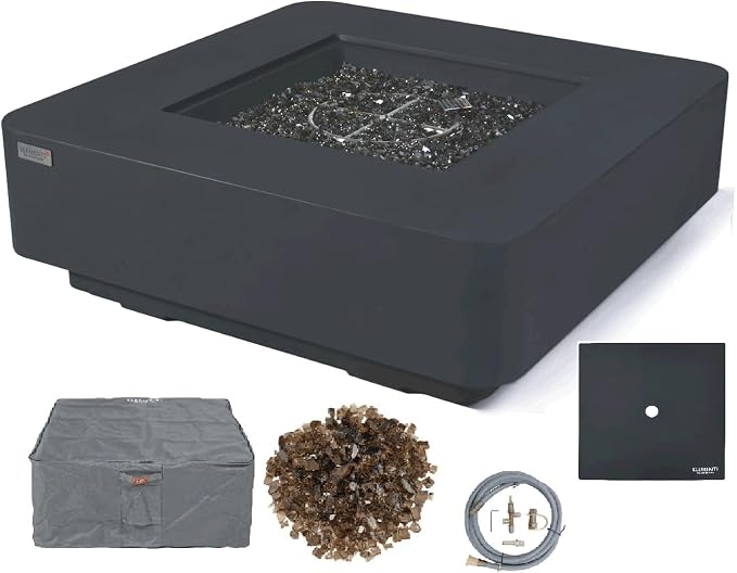 Elementi+ | Bergamo Gas Fire Pit Cast Concrete 42" Square Fire Table, Outdoor by AMSFireplaceInc