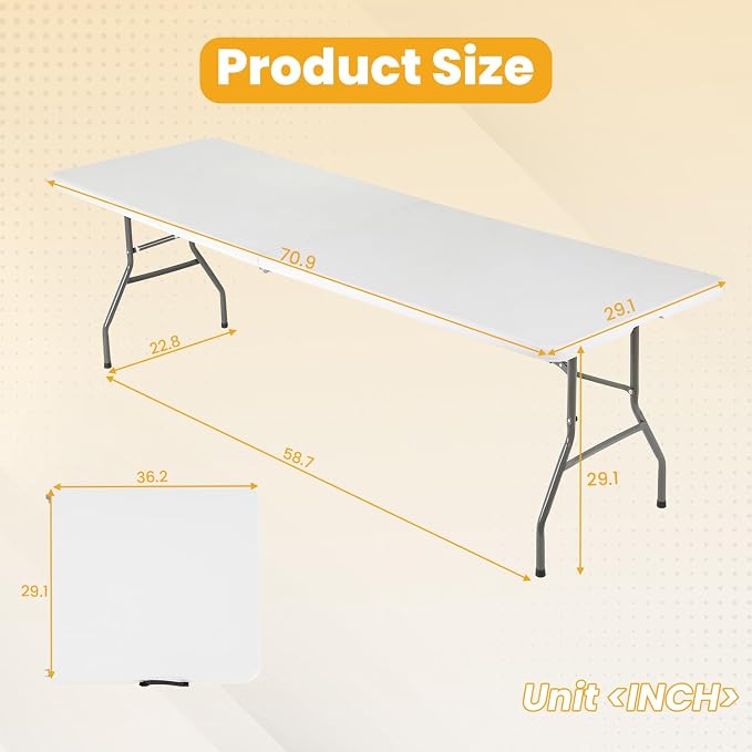 FDW 6FT Folding Table, Portable Fold-in-Half Plastic Picnic Party Table - Image 2