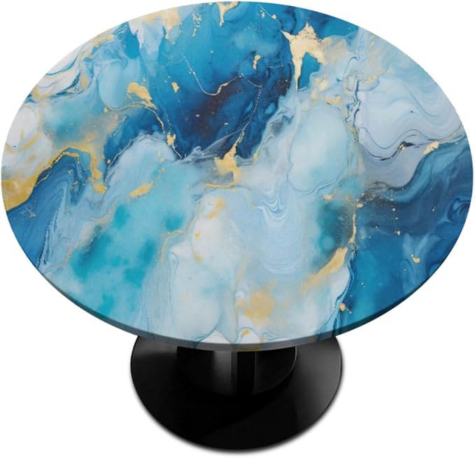 Marble Pattern Ink Blue Round Table Cloth Cover, Elastic Edge Waterproof by ModaQua