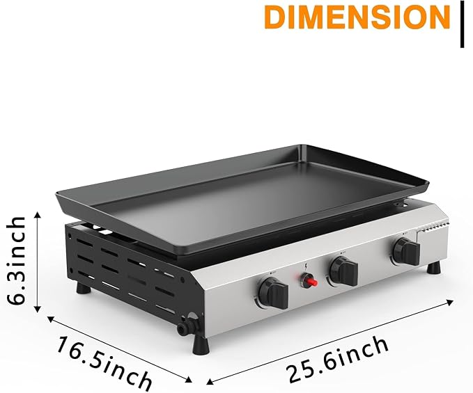 3 Burner BBQ Gas Griddle, 25.6 Inch Stainless Steel Tabletop Portable Propane - Image 7