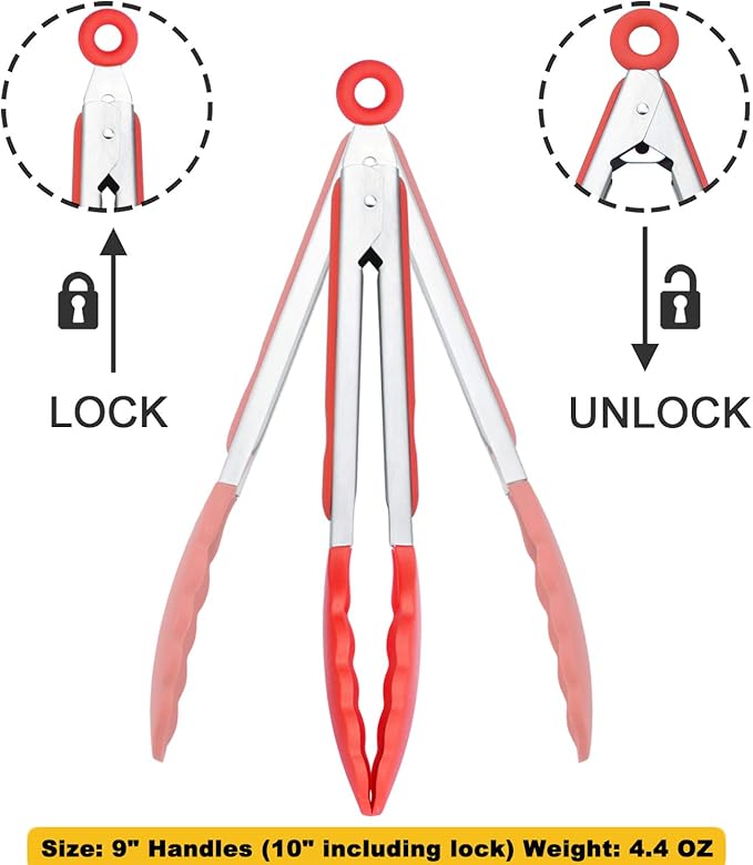 Tongs 3-Pack, 9-Inch Red Silicone with Stainless Steel Locking Ring