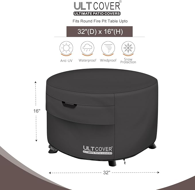 ULTCOVER Patio Fire Pit Table Cover Round 32 inch Outdoor Waterproof Fire Bowl - Image 2