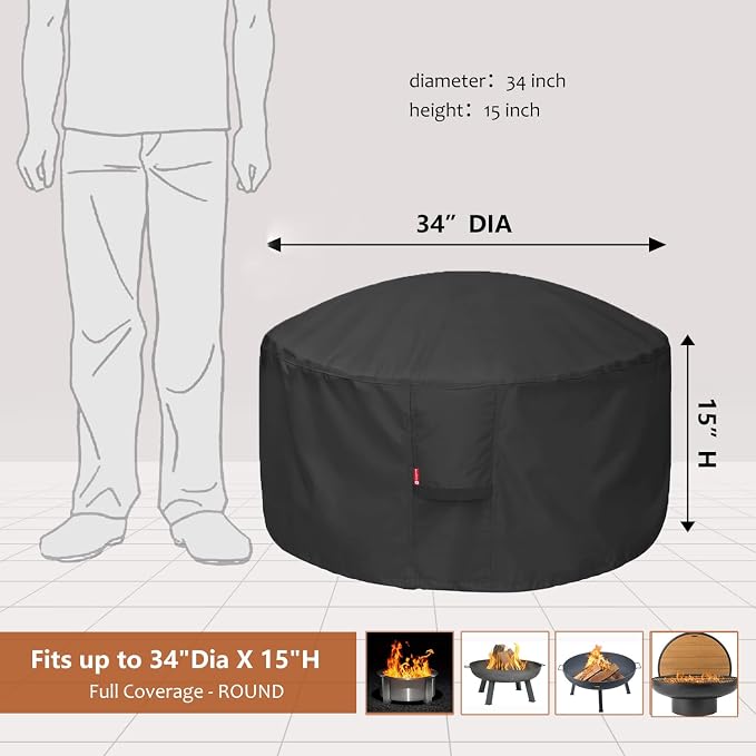 SheeChung Fire Pit Cover Round 34”D X 15”H, Heavy Duty 600D Polyester - Image 2
