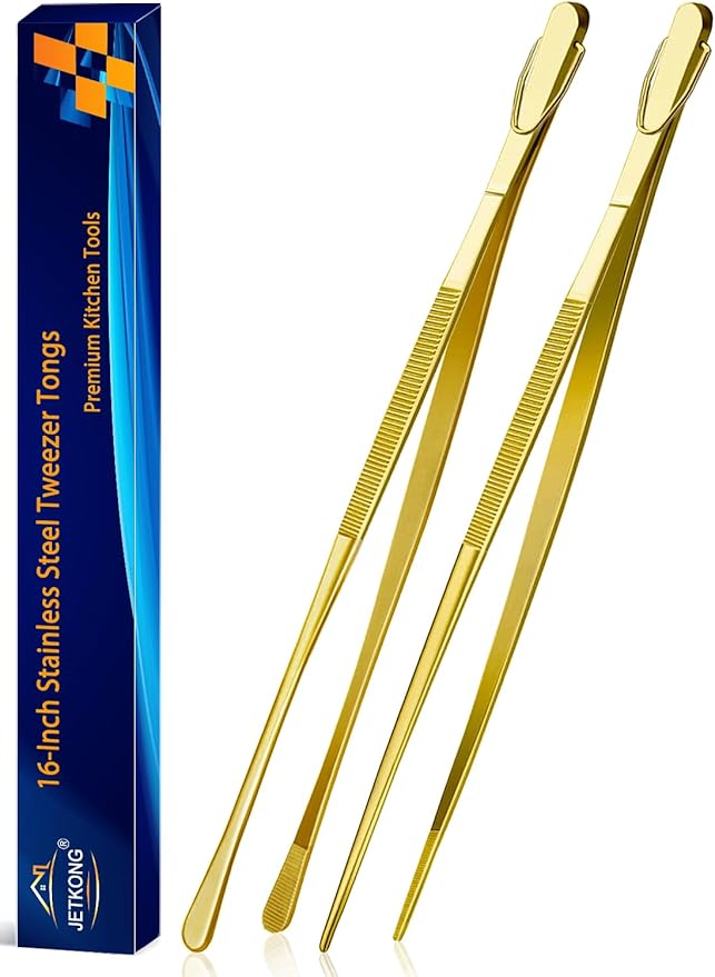 Tongs 16-Inch Extra Long Stainless Steel Gold Cooking Tweezers, 2 Pack