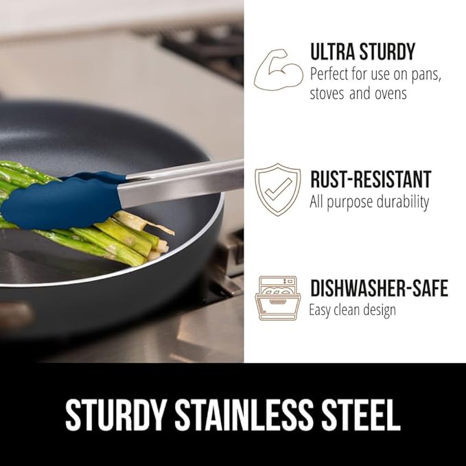 Tongs with Silicone Head, Stainless Steel Build, 7 and 9 Inch Blue