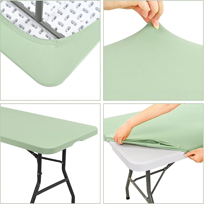 10 Pack Fitted Tablecloth for 8 Foot Rectangle Tables, Sage Green Elastic - Image 6