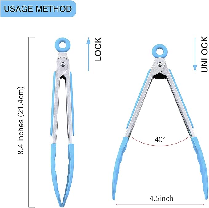Tongs – 7-Inch Mini Stainless Steel Tongs with Silicone Heads, Blue