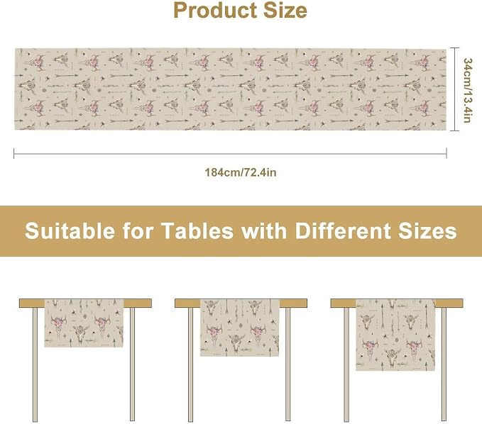 Western Boho Table Runner, Aztec Native Tribal Bull Skull Southwestern Bohemian - Image 7