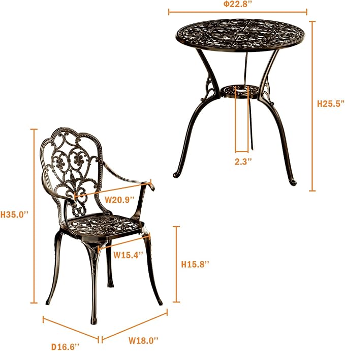 Patio Bistro Set of 2, Cast Aluminum, Outdoor Set w/Umbrella Hole, 3 Piece - Image 2