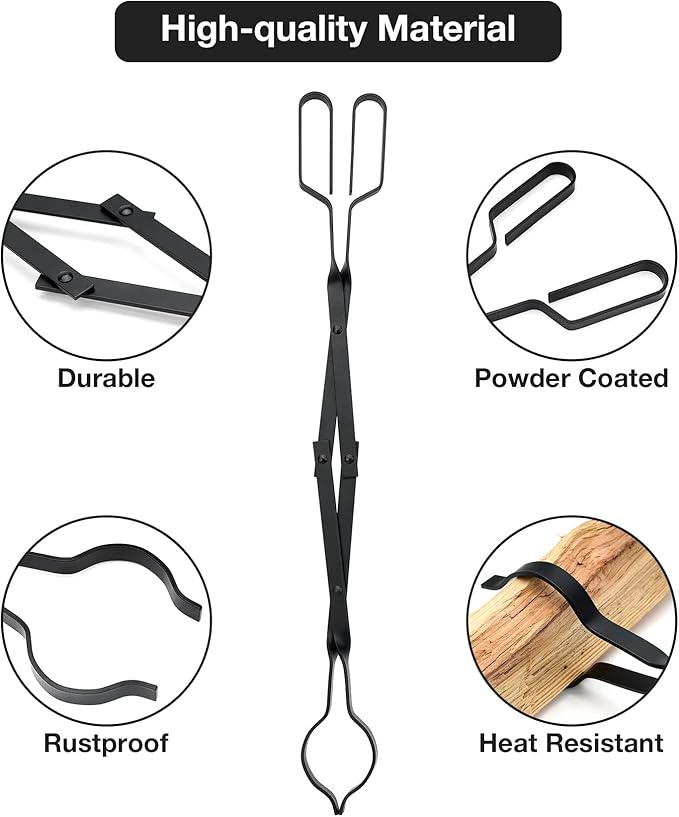 Tongs for Fireplace, 26 Inch Black Powder-Coated Steel Log Grabber