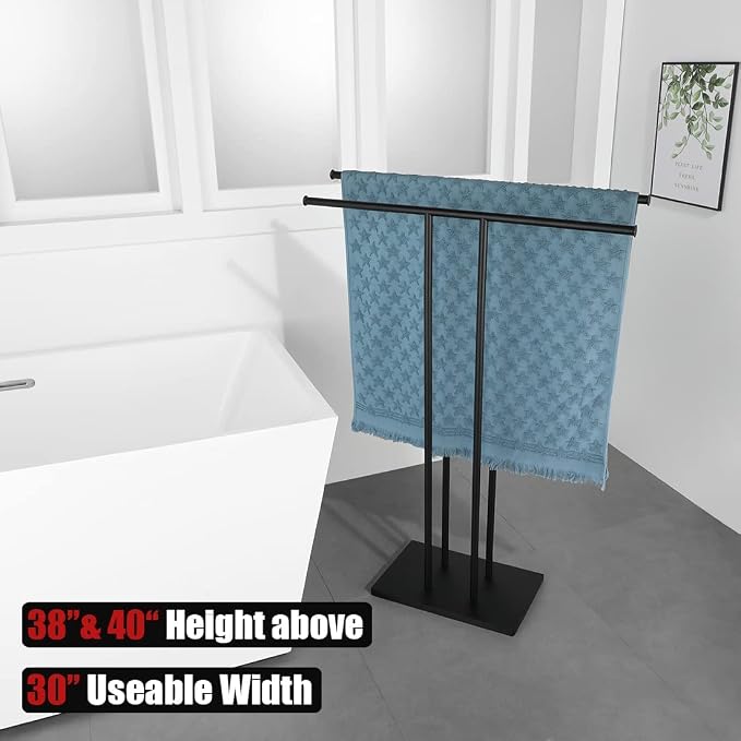 JQK Bath Towel Holder Stand Black, 30 Inch Free Standing Double Towel Rack Shelf - Image 2
