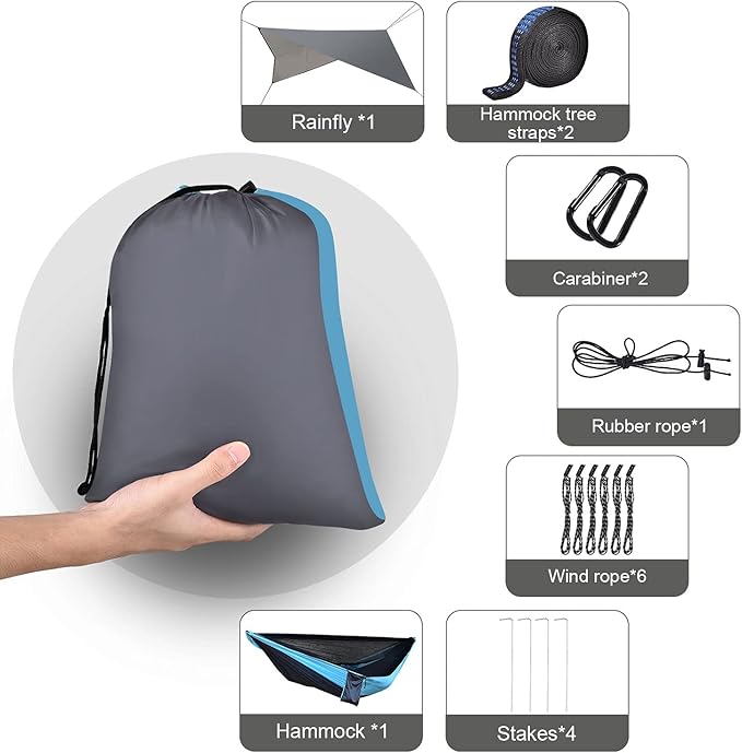 Camping Hammock with Attached Mosquito Netting and Rain Fly, Blue