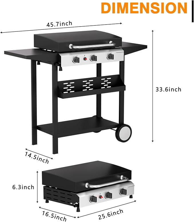 3 Burner BBQ Gas Griddle with Hood, 25.6 Inch Stainless Steel Portable - Image 8