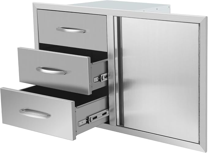 Outdoor Kitchen Drawer Combo, Stainless Steel Triple Drawers & 2 Trash Can by OLIPIC