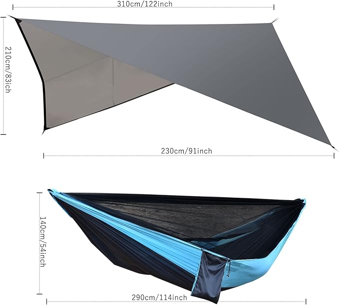 Camping Hammock with Attached Mosquito Netting and Rain Fly, Blue