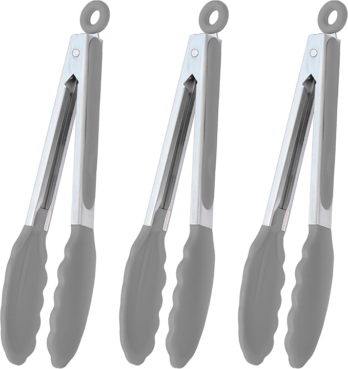 Tongs with Silicone Tips, 3-Pack, 9-Inch Stainless Steel, Gray