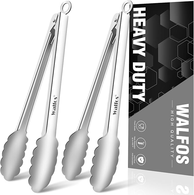 Tongs 2-Pack, 12-Inch Stainless Steel with Locking Pull-Ring