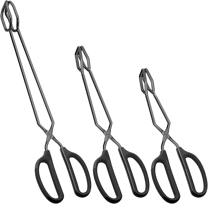 Tongs 3-Piece Set, Black Stainless Steel Scissor Style, 10, 12 and 16 Inch