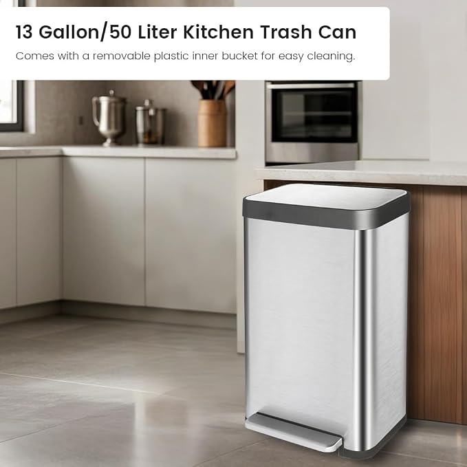 50 Liter / 13 Gallon Trash Can, Fingerprint Proof Stainless Steel Kitchen Trash - Image 2