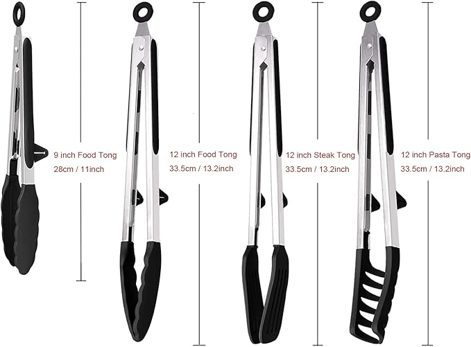 Tongs Set, 4 Piece Stainless Steel Kitchen Tongs with Silicone Tips