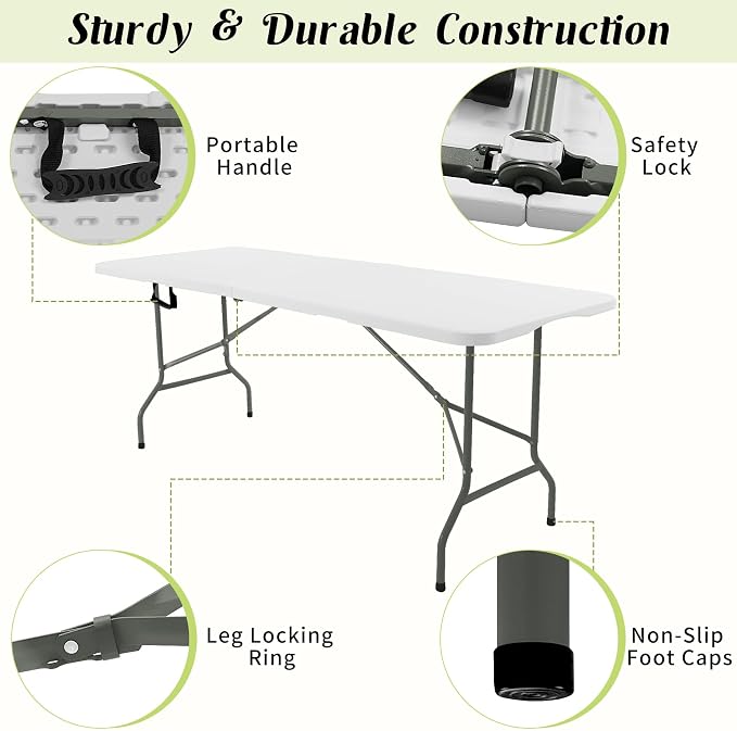 Fivenl 2 Pack 6 FT Folding Tables White Foldable Table, Fold-in-Half - Image 3