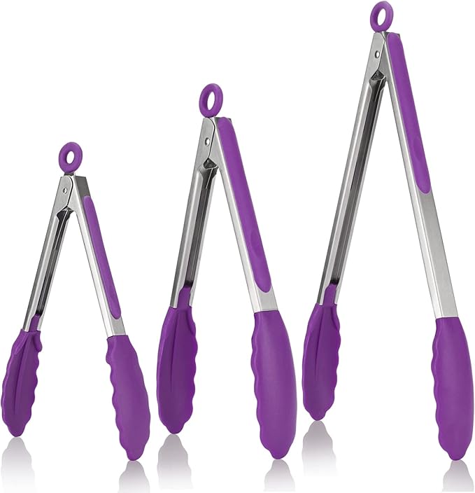 Cooking Tongs with Silicone Tips, 7, 9 and 12 Inch Stainless Steel, Purple