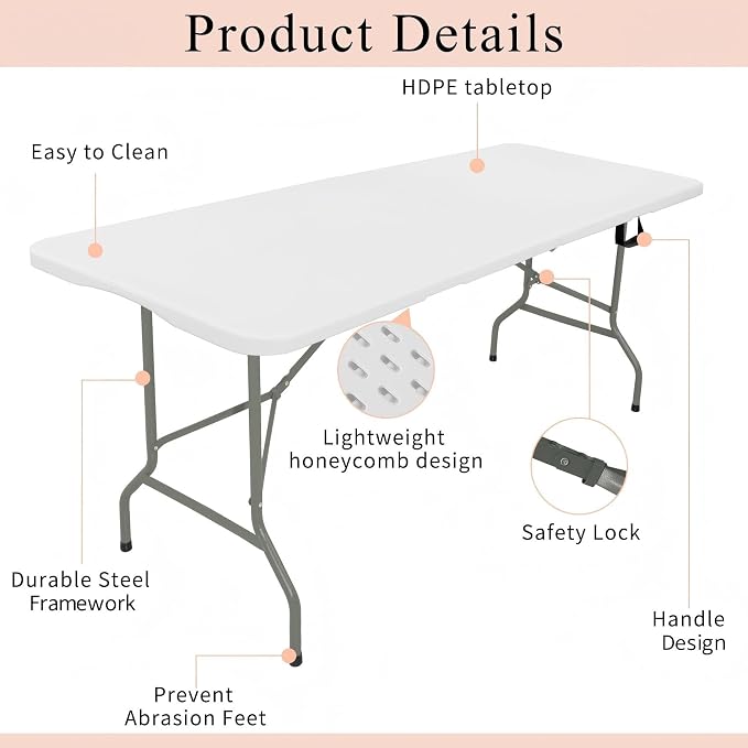 Set of 2 Folding Tables with Carrying Handle Lightweight Rectangular Portable - Image 3