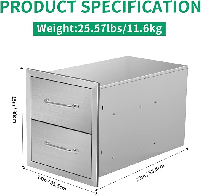 Outdoor Kitchen Drawers 14" W x 15" H x 23" D Stainless Steel Double Drawers - Image 2