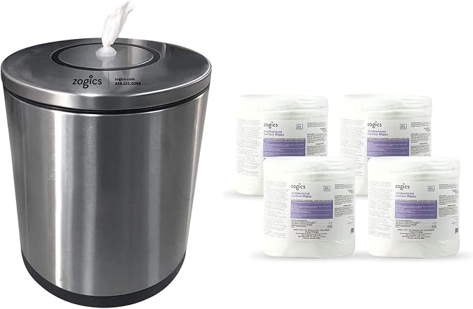 Zogics Antimicrobial Wipes and Tabletop Stainless Steel Wipe Dispenser by Zogics