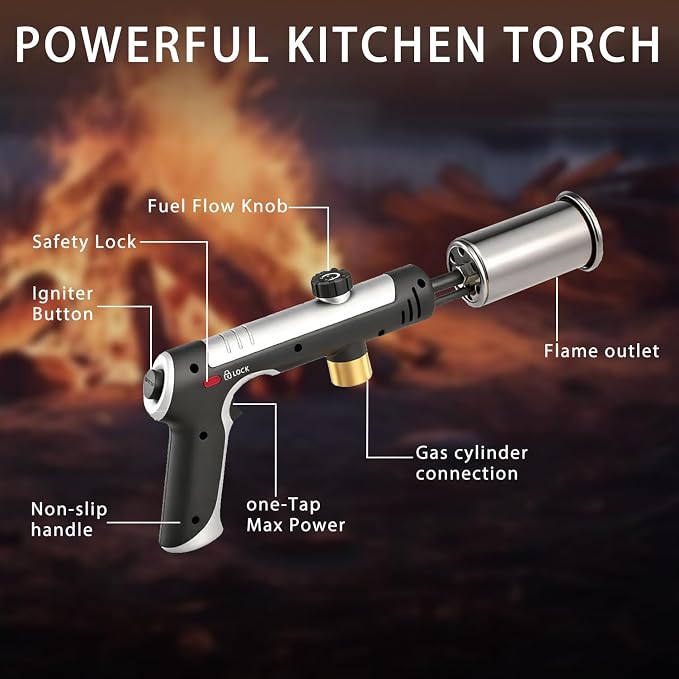 Powerful Propane Torch with One-Touch Max Fire, Kitchen Cooking Torch with - Image 3
