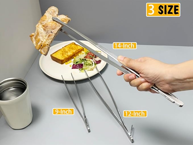 Tongs, 3-Piece Stainless Steel Set in 9, 12 and 14 Inch Silver