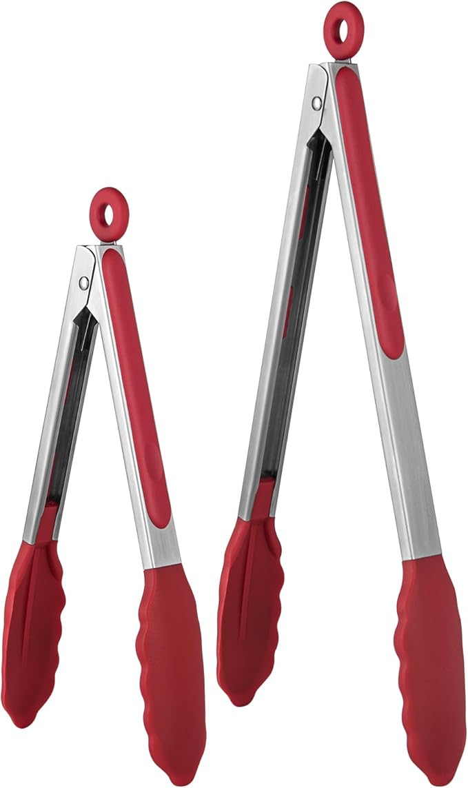 Tongs with Silicone Tips, Locking Stainless Steel, Red