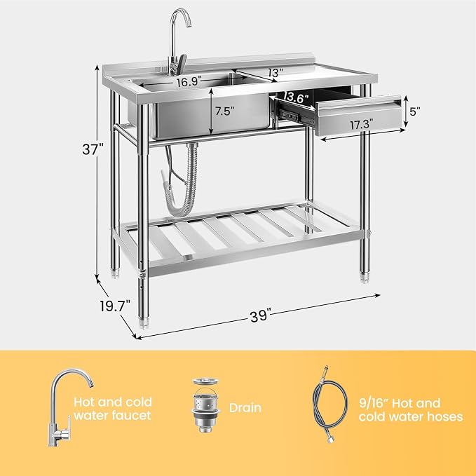 Stainless Steel Utility Sink, Right Drawer, Indoor and Outdoor - Image 3