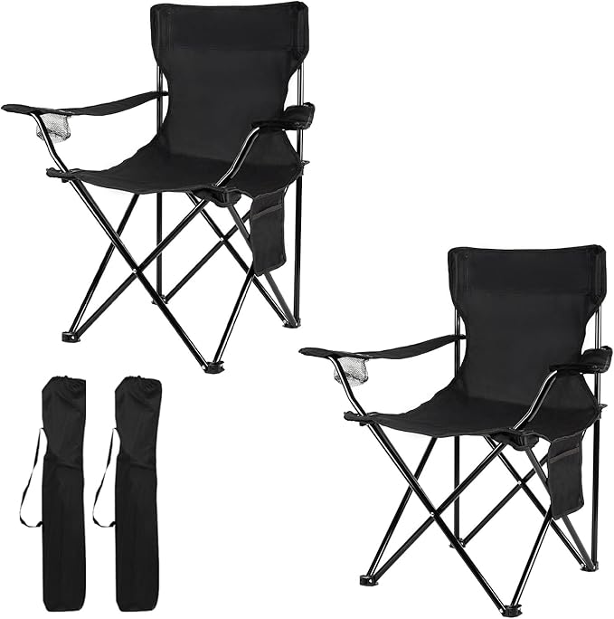 Folding Camping Chairs, 2-Pack Black, Lightweight Steel Frame
